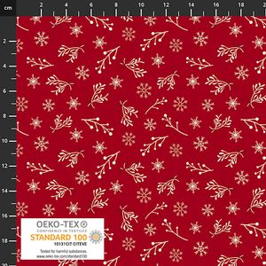 Kvister og snøkrystaller på rød bunn