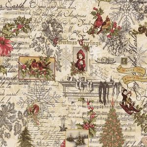 Stoff med koselige julemotiver på lys bunn